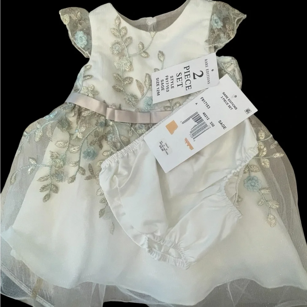 Rare Editions White and Silver Floral Dress w/bloomers